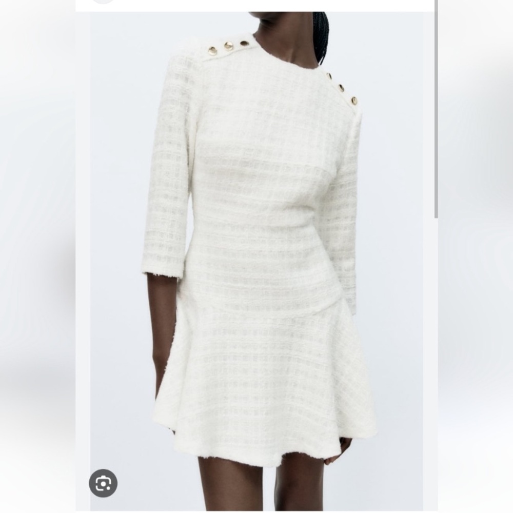 Zara White tweed 3/4 sleeves gold buttons ruffled mini dress Size Small NWOT